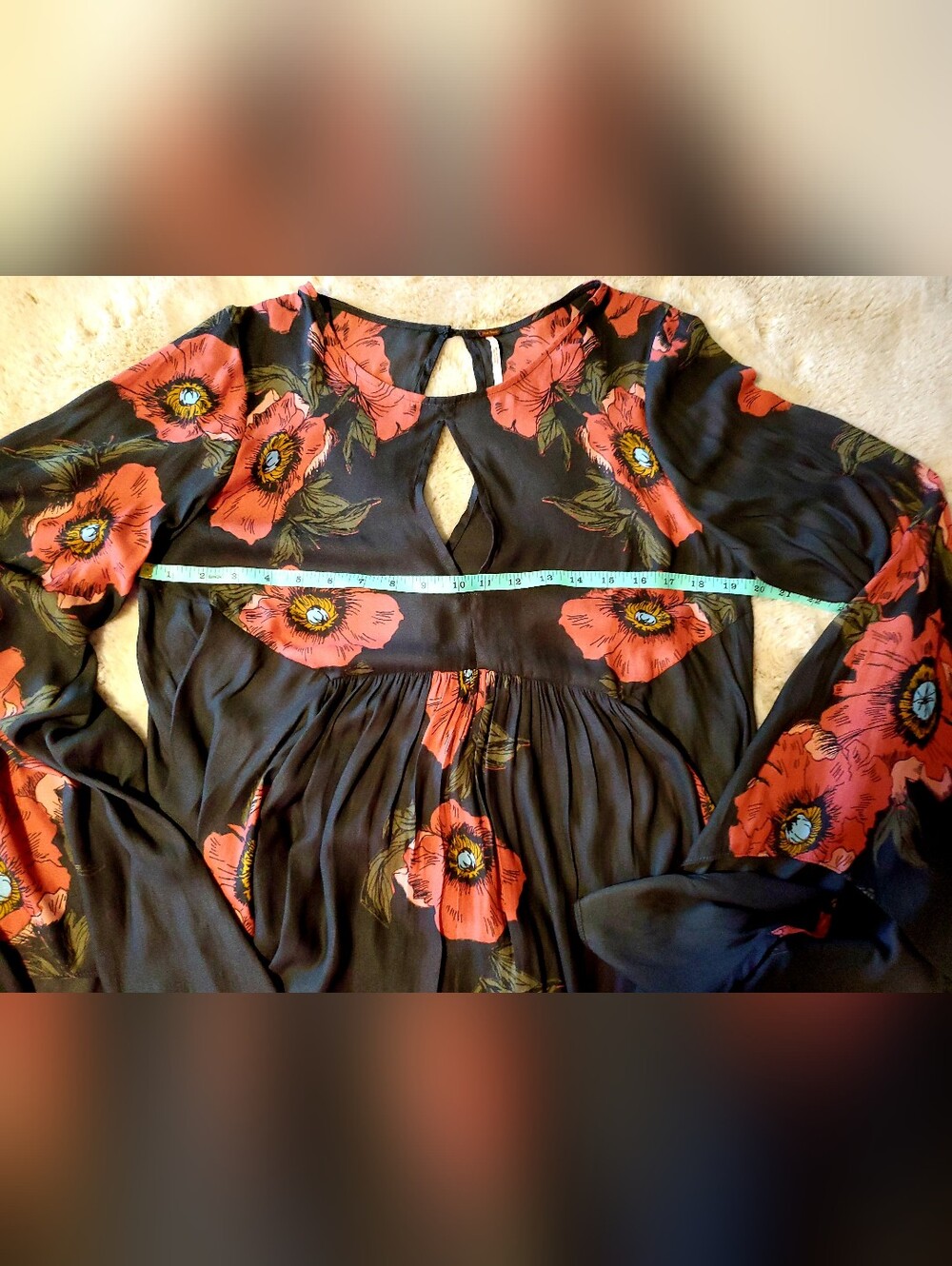 Free People Floral Bell Sleeve Mini Dress Boho Babydoll Medium - Picture 9 of 10